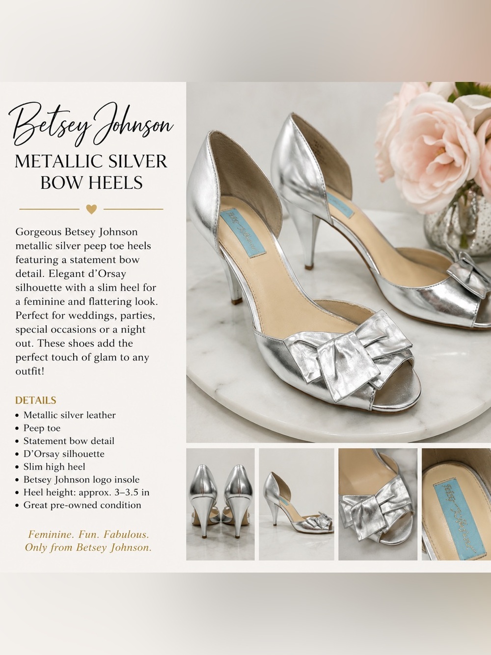 Betsey Johnson Metallic Silver Bow Peep Toe Heels LILY size 8 B